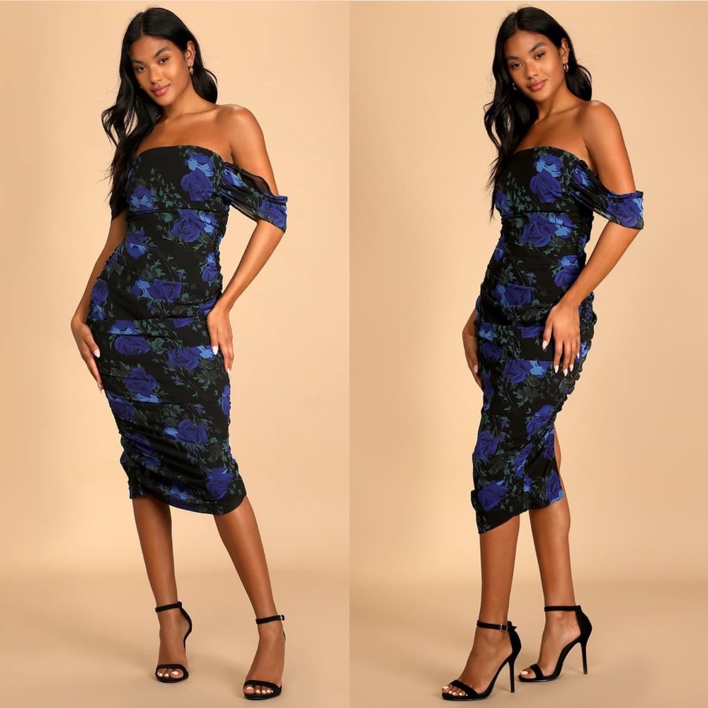 NEW Lulus Blithesome Black Floral Print Ruched Off-the-Shoulder Midi Dress